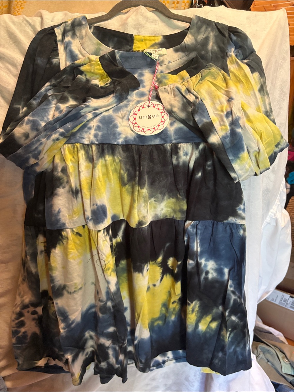 Umgee Navy, Yellow & White Tie-Dye Tiered Midi Dress W Long Sleeves PTP 19”M